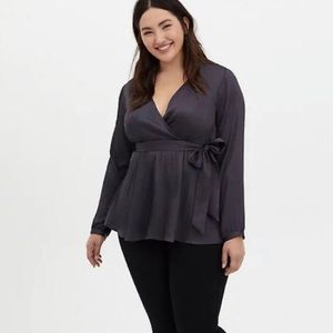 TORRID Dark slate grey gauze babydoll wrap blouse.